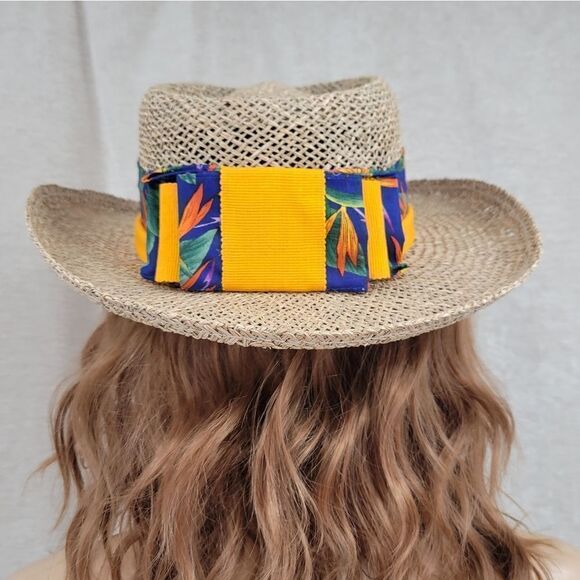 Hatlanta Vintage Straw Raffia Sun Hat Wide Brim Tropical Floral Band main image 9